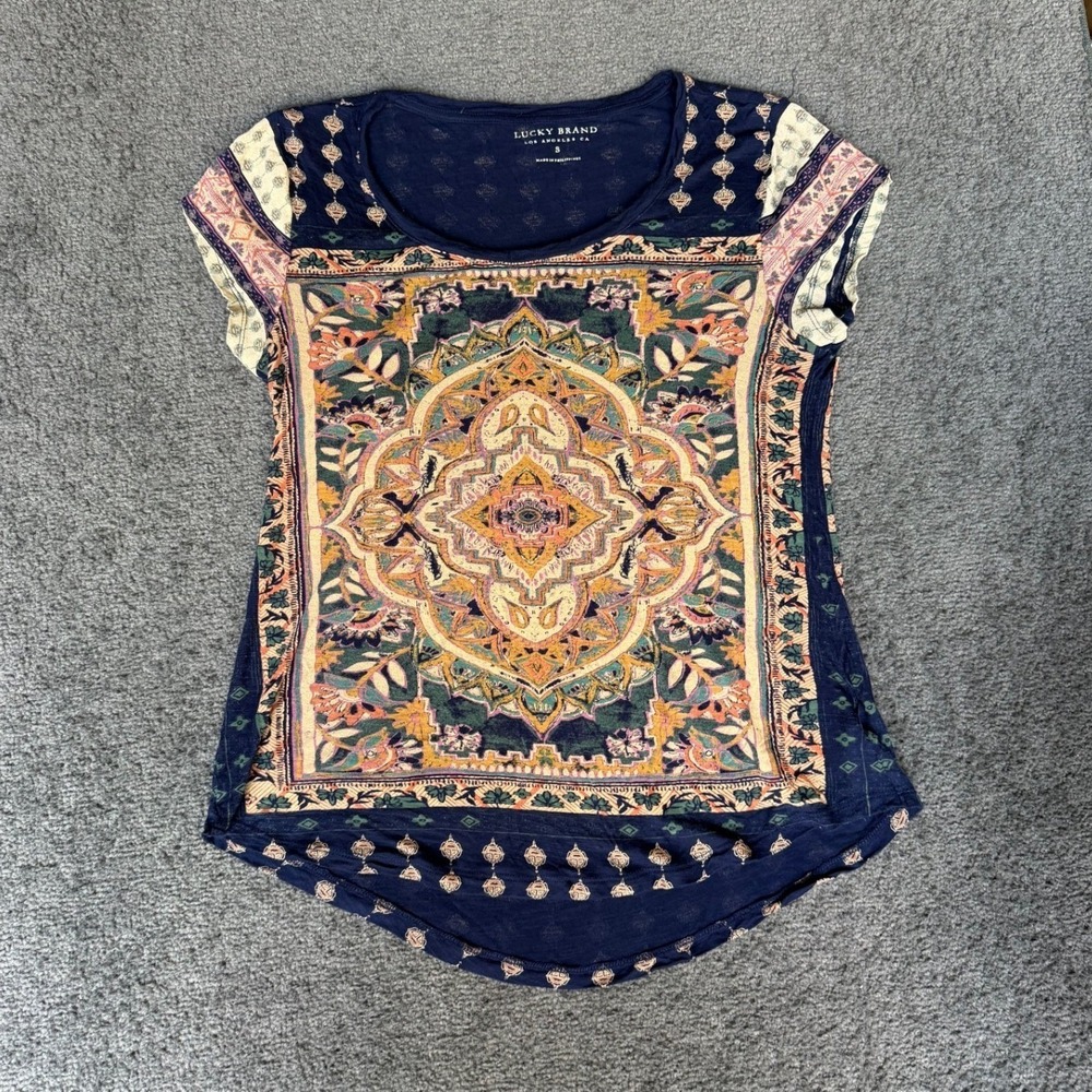 Lucky Brand Womens Navy Blue Medallion Mandala Print Short Sleeve Top Small
